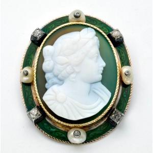 1900 Gold Cameo Brooch Agate Enamel Pearls And Diamonds.