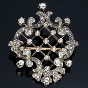 Broche 19ème Or Argent Diamants Rococo-baroque