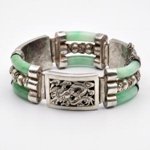 Bracelet Ancien Jadeite Et Argent Repoussé époque 1930