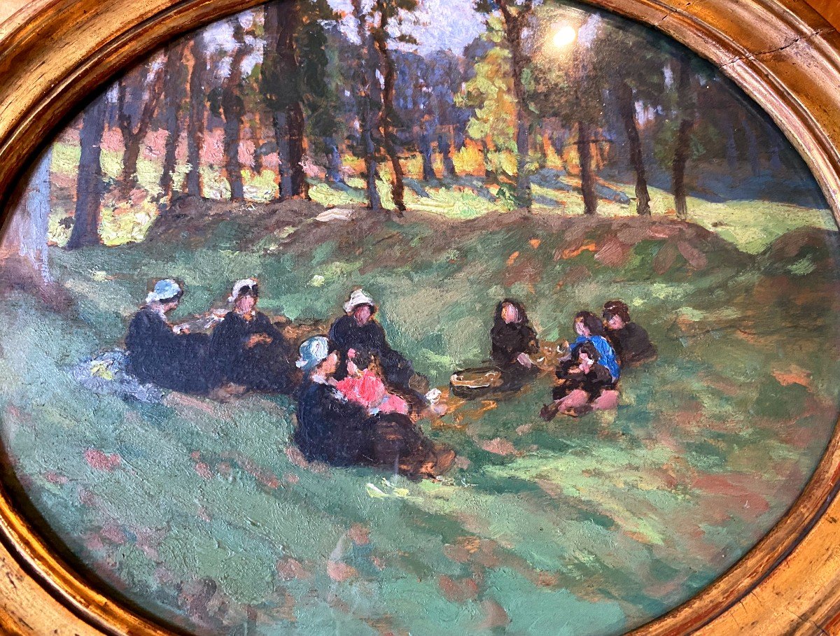 Marie Marguerite Réol , Huile sur papier , Pique-nique sur l'herbe.-photo-1