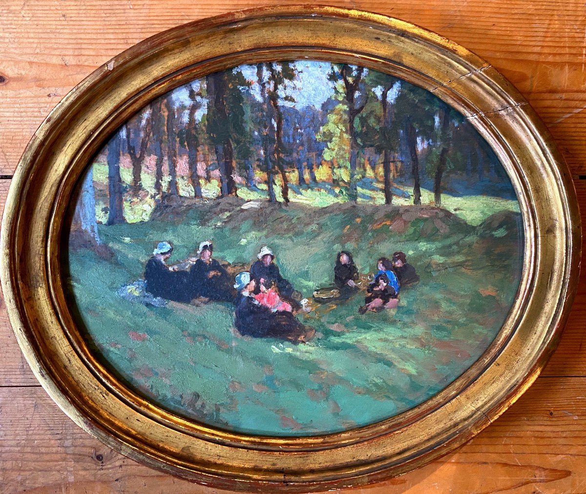 Marie Marguerite Réol , Huile sur papier , Pique-nique sur l'herbe.