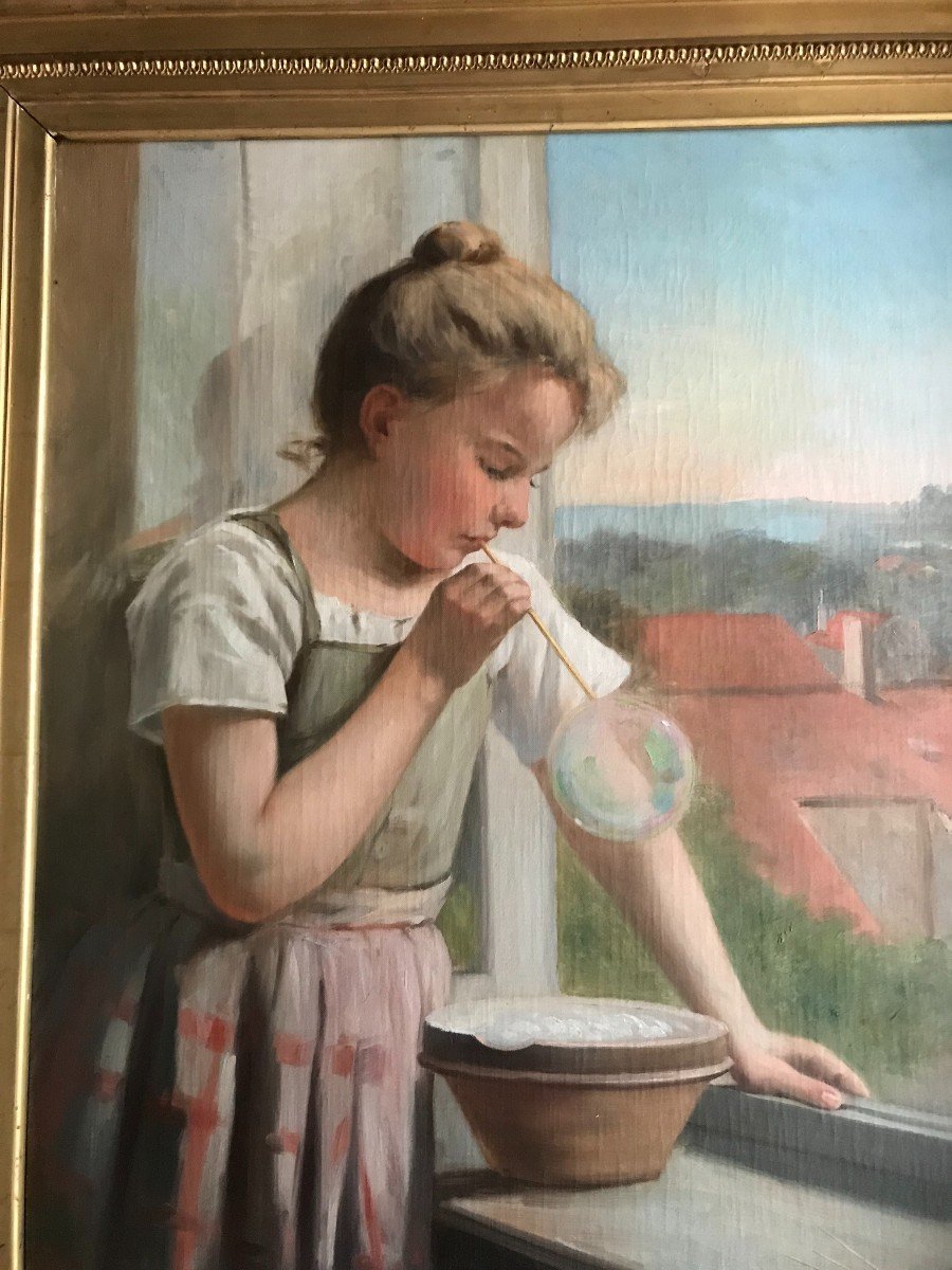 Huile Sur Toile : Jeune Fille à La Bulle De Savon XIXème Siècle.-photo-2