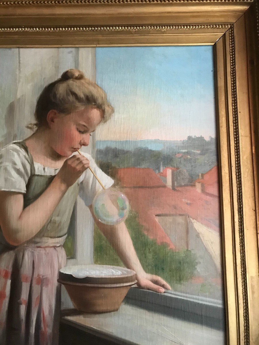 Huile Sur Toile : Jeune Fille à La Bulle De Savon XIXème Siècle.-photo-3