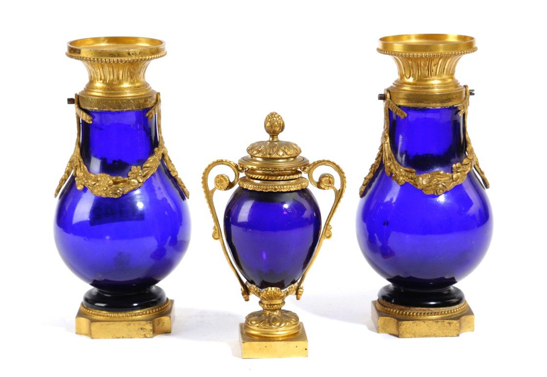 Three -piece Garniture 19th Century Vases In Gilt Bronze And Cobalt Blue Glass, Louis XVI Style