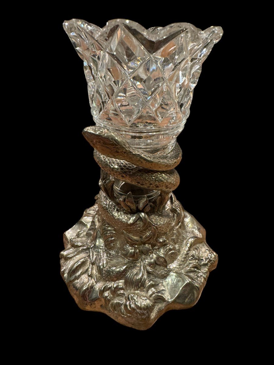 Rare Snake Cup By Elkington In Silver Plate, Dated 1849 With Its Crystal Vase-photo-2