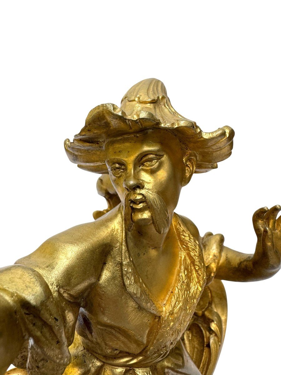 Paire De Chenets "aux Chinois" d'époque Louis XV En Bronze Doré-photo-3