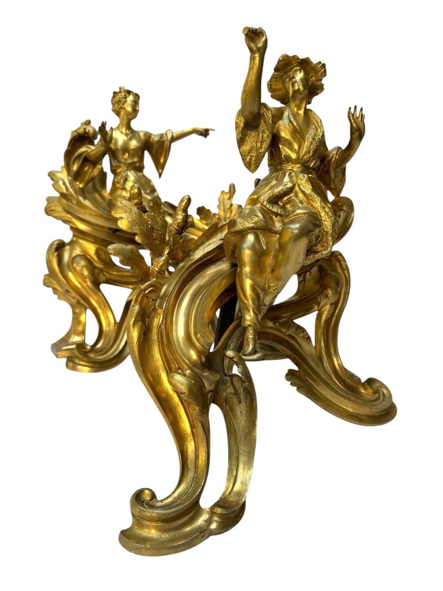 Paire De Chenets "aux Chinois" d'époque Louis XV En Bronze Doré-photo-1