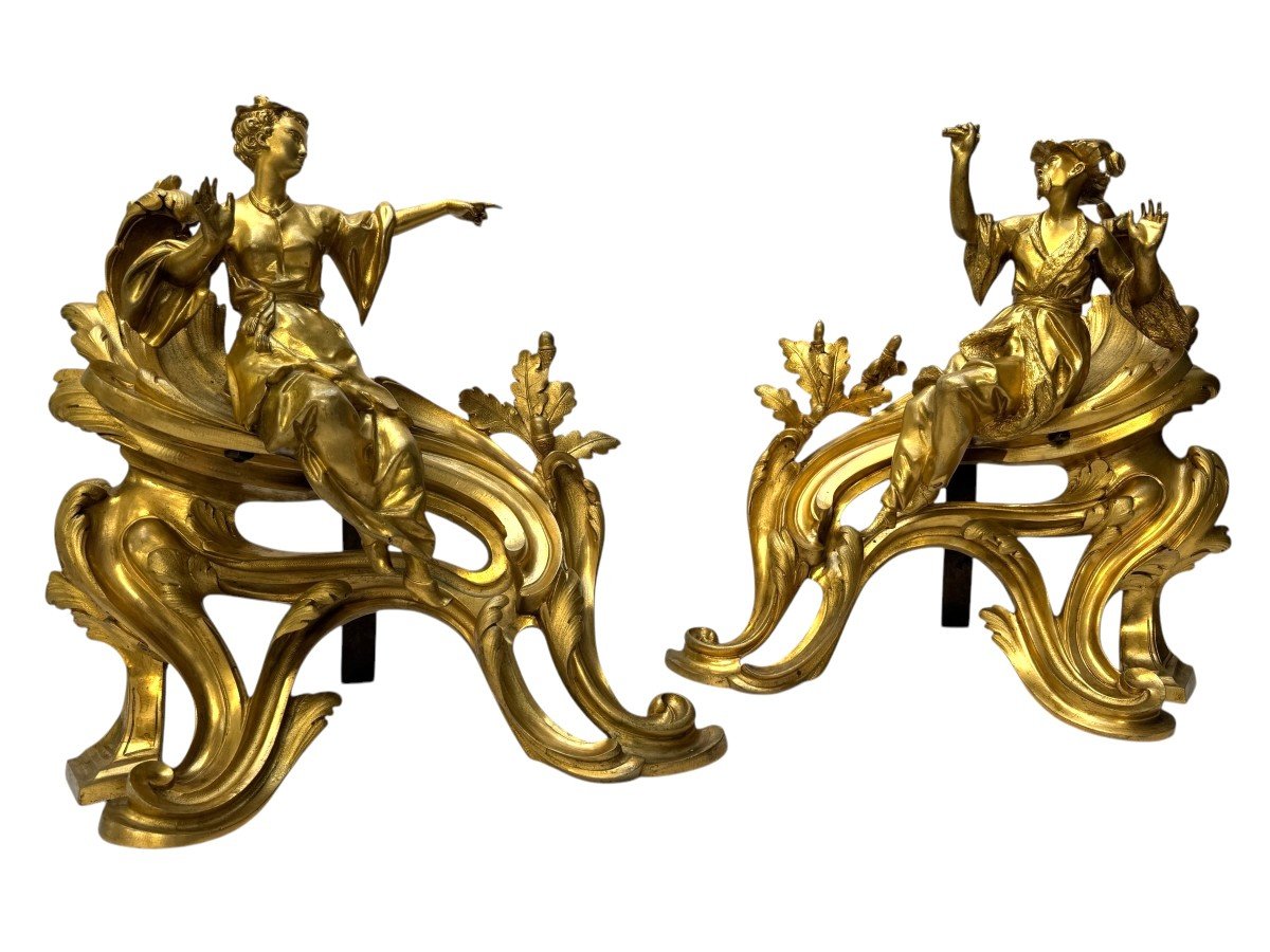 Paire De Chenets "aux Chinois" d'époque Louis XV En Bronze Doré-photo-5