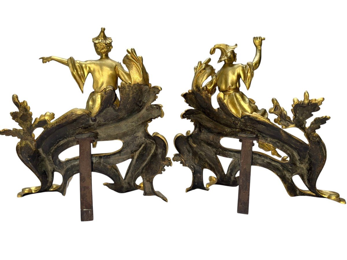 Paire De Chenets "aux Chinois" d'époque Louis XV En Bronze Doré-photo-7