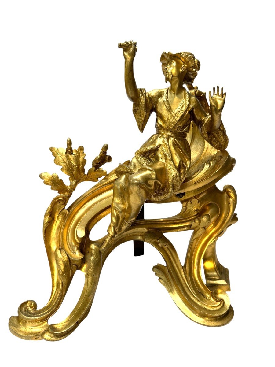 Paire De Chenets "aux Chinois" d'époque Louis XV En Bronze Doré-photo-8