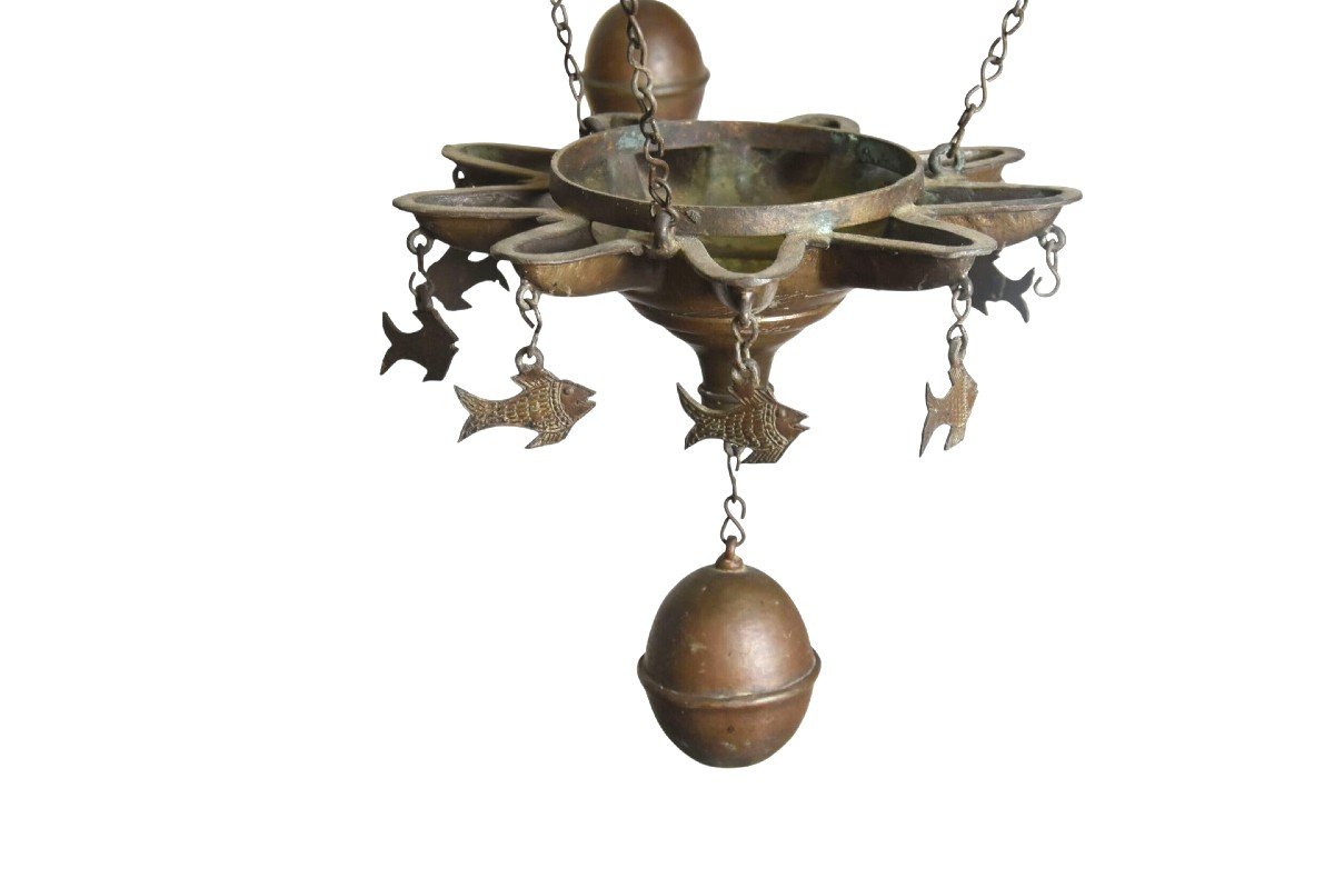 19th Century Repousse Copper And Bronze Synagogue Chandelier-photo-2