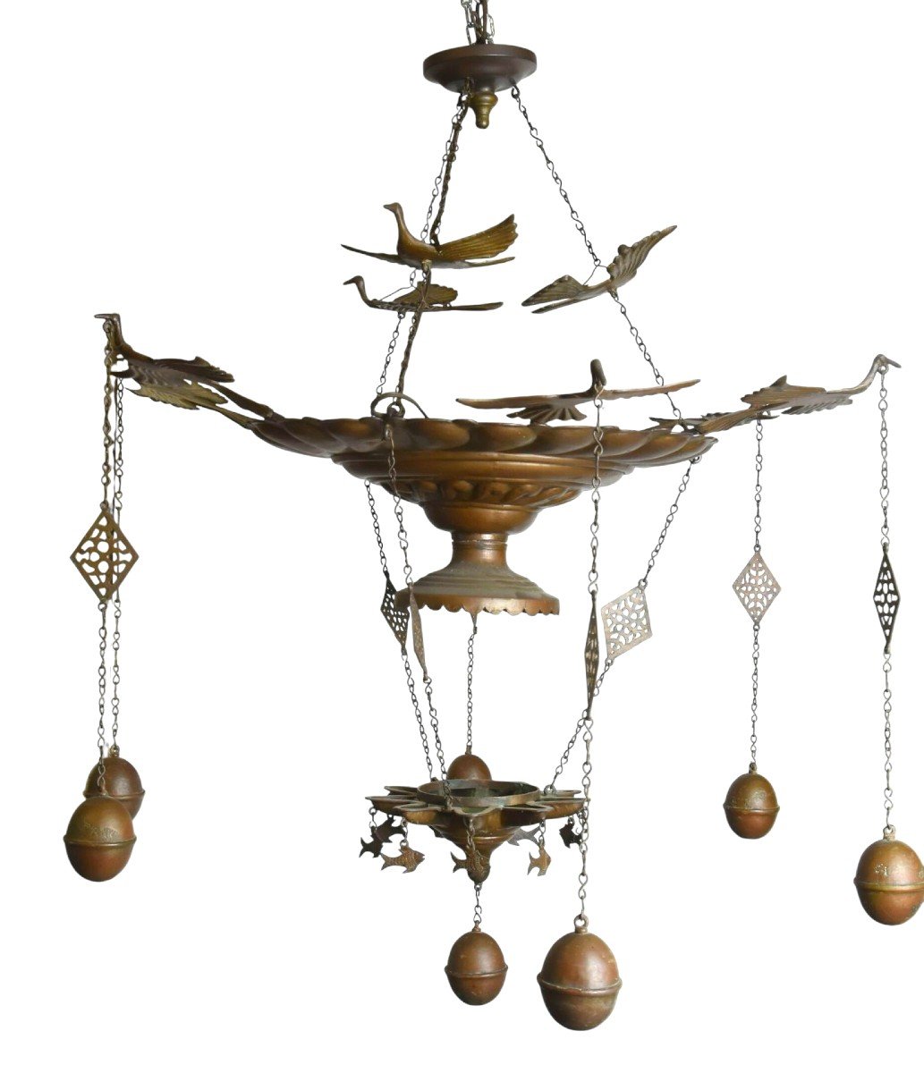 19th Century Repousse Copper And Bronze Synagogue Chandelier-photo-4