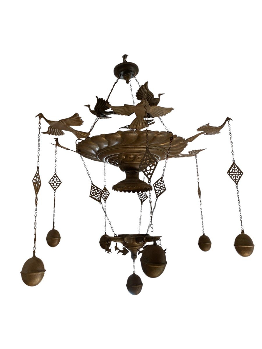 19th Century Repousse Copper And Bronze Synagogue Chandelier-photo-4