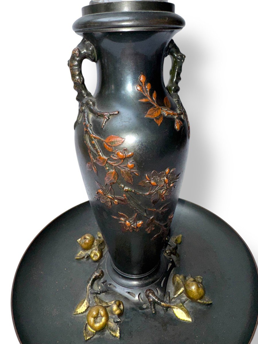 Vase Japonisme France 19ème Siècle En Bronze Monté Sur Un Plat, Peut-être D’alphonse Giroux-photo-4