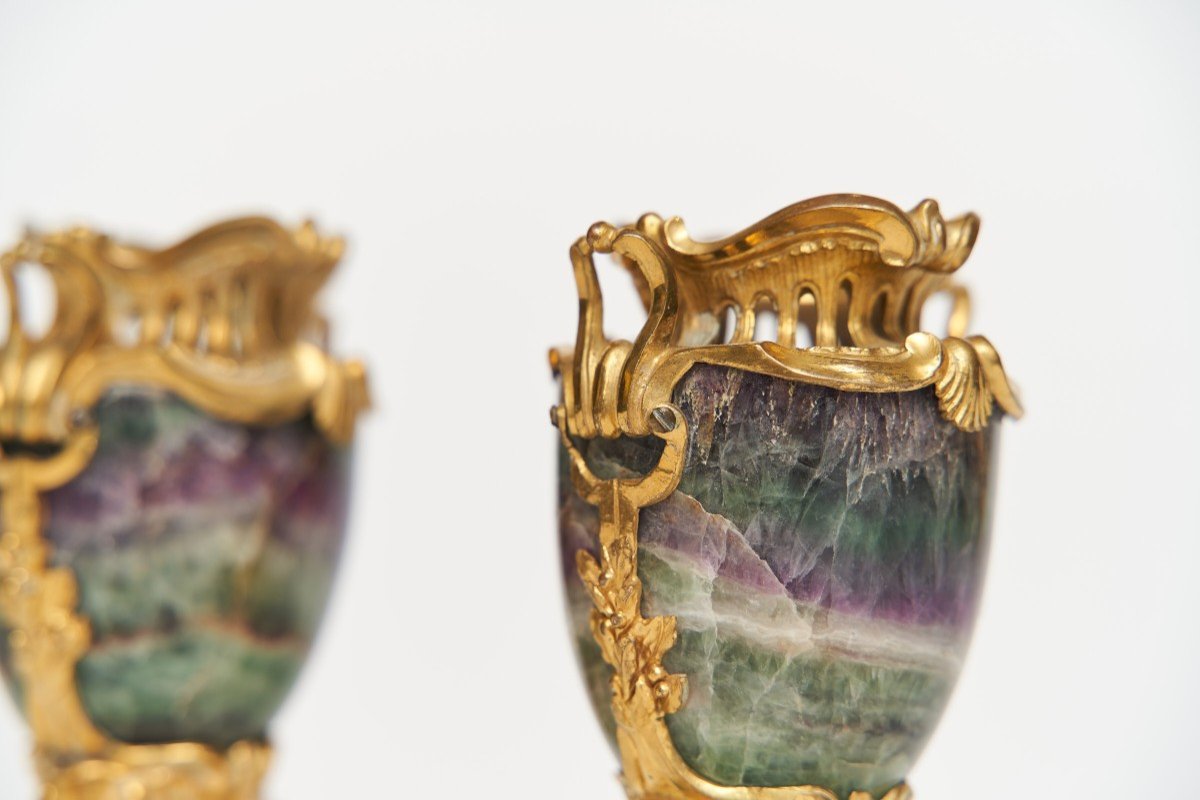 A Pair Of Fluorite Or Blue John And Gilt Bronze Vases, France, 19th Century -photo-2