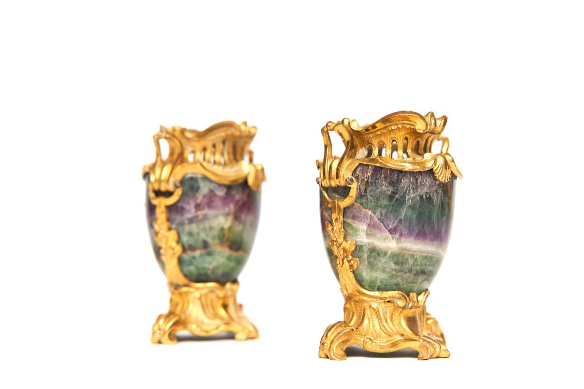 A Pair Of Fluorite Or Blue John And Gilt Bronze Vases, France, 19th Century 