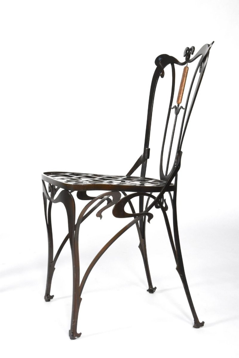 Art Nouveau Dining Table And Ten Chairs In Black And Gold Lacquered Cast Iron-photo-2