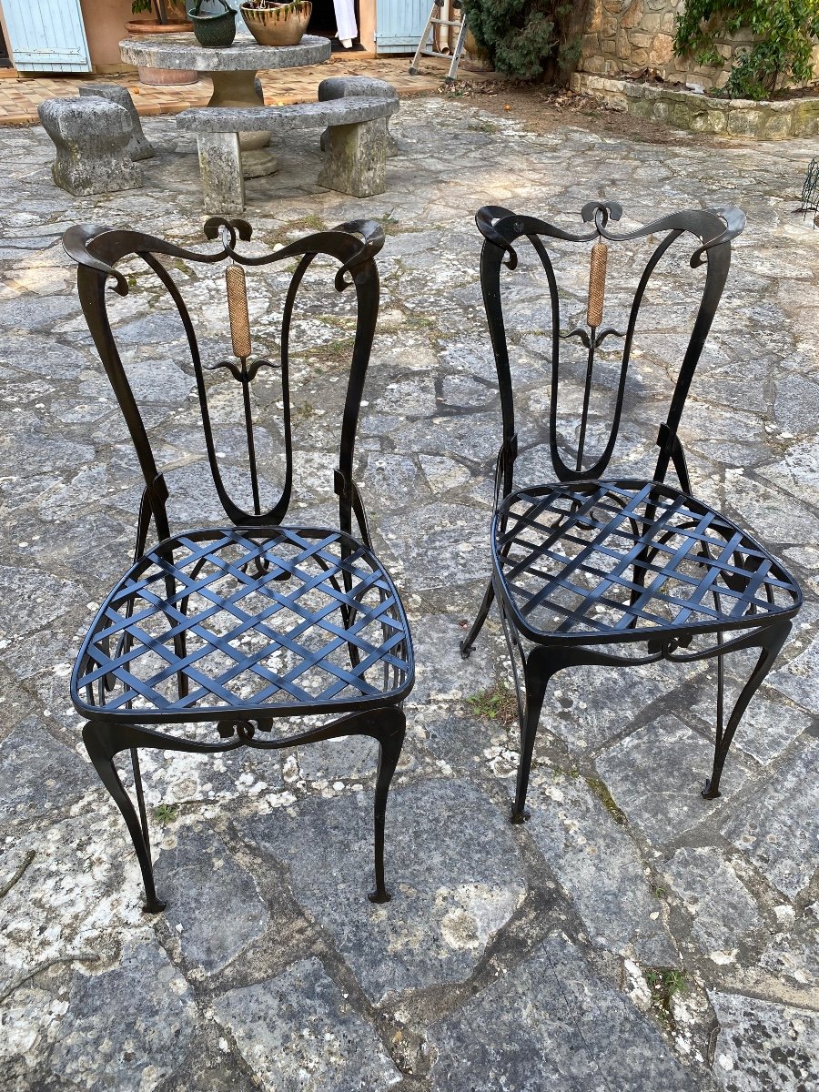 Art Nouveau Dining Table And Ten Chairs In Black And Gold Lacquered Cast Iron-photo-4