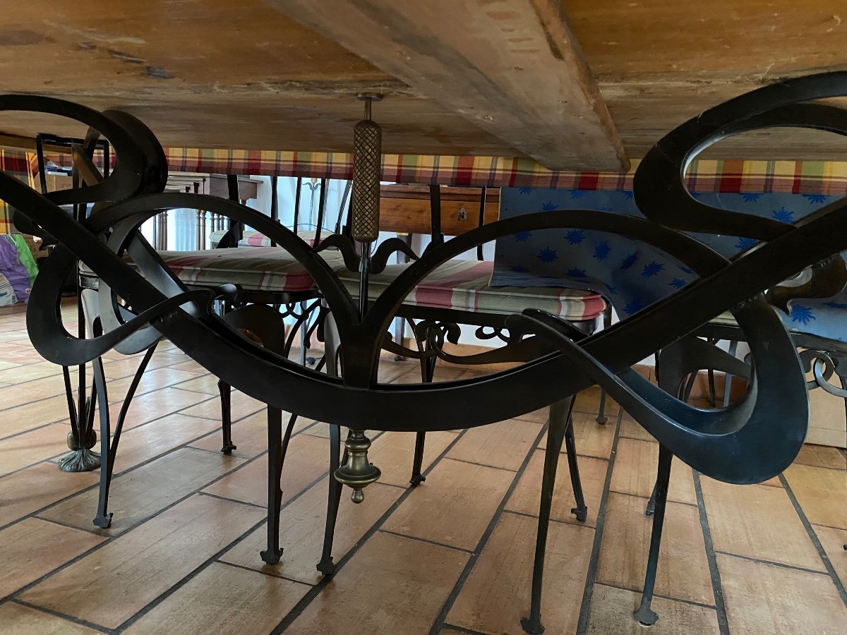 Art Nouveau Dining Table And Ten Chairs In Black And Gold Lacquered Cast Iron-photo-1