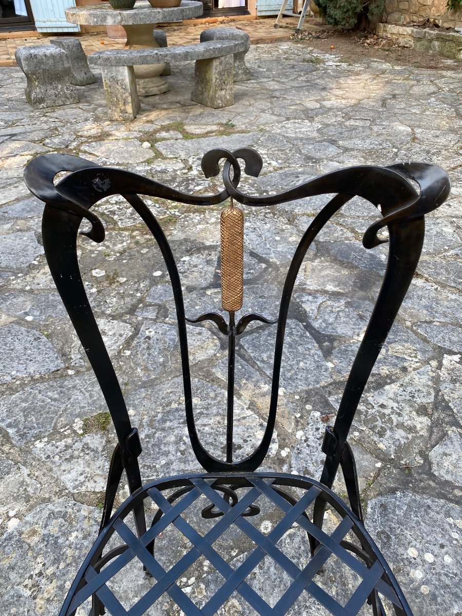 Art Nouveau Dining Table And Ten Chairs In Black And Gold Lacquered Cast Iron-photo-7