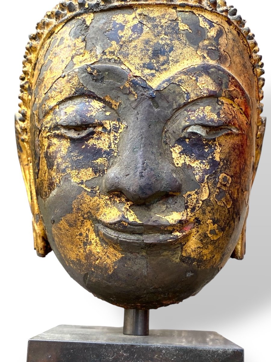 Thailand/laos/siam, 19th Century, Gold Lacquered Bronze Buddha Head-photo-4