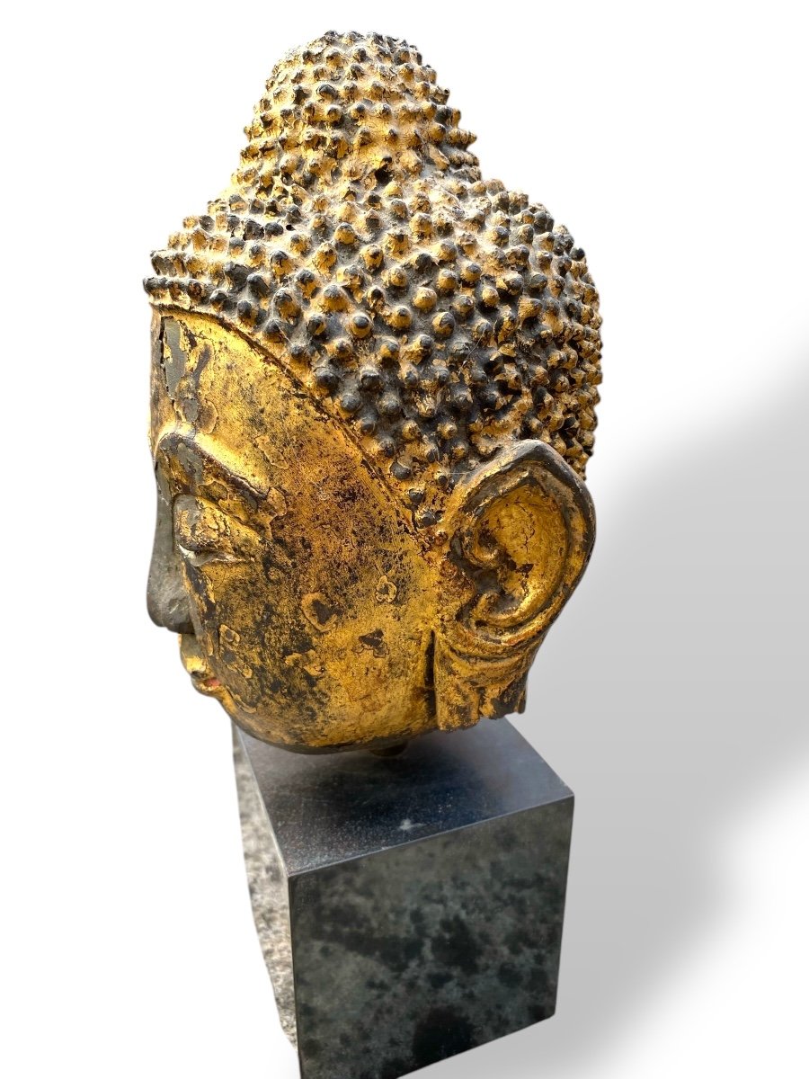 Thailand/laos/siam, 19th Century, Gold Lacquered Bronze Buddha Head-photo-2