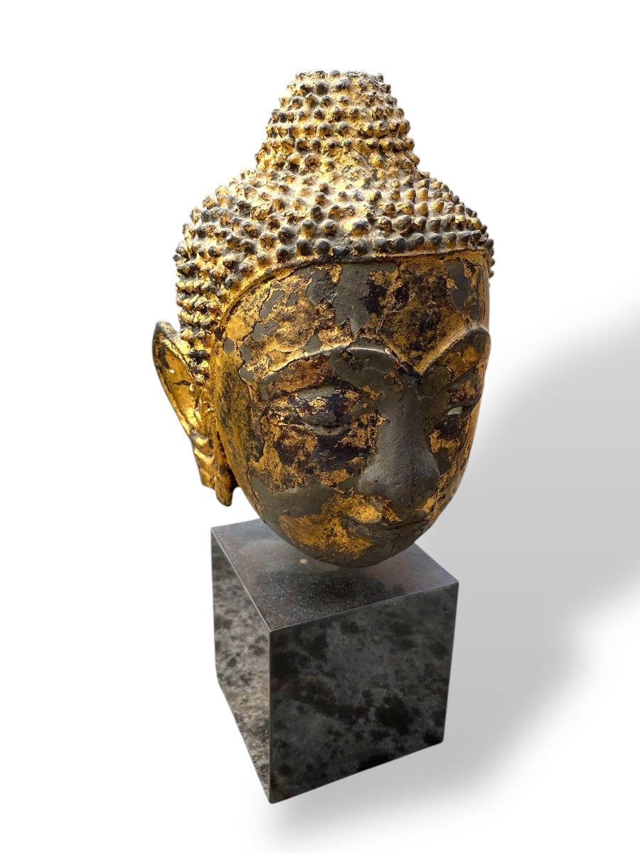 Thailand/laos/siam, 19th Century, Gold Lacquered Bronze Buddha Head-photo-3