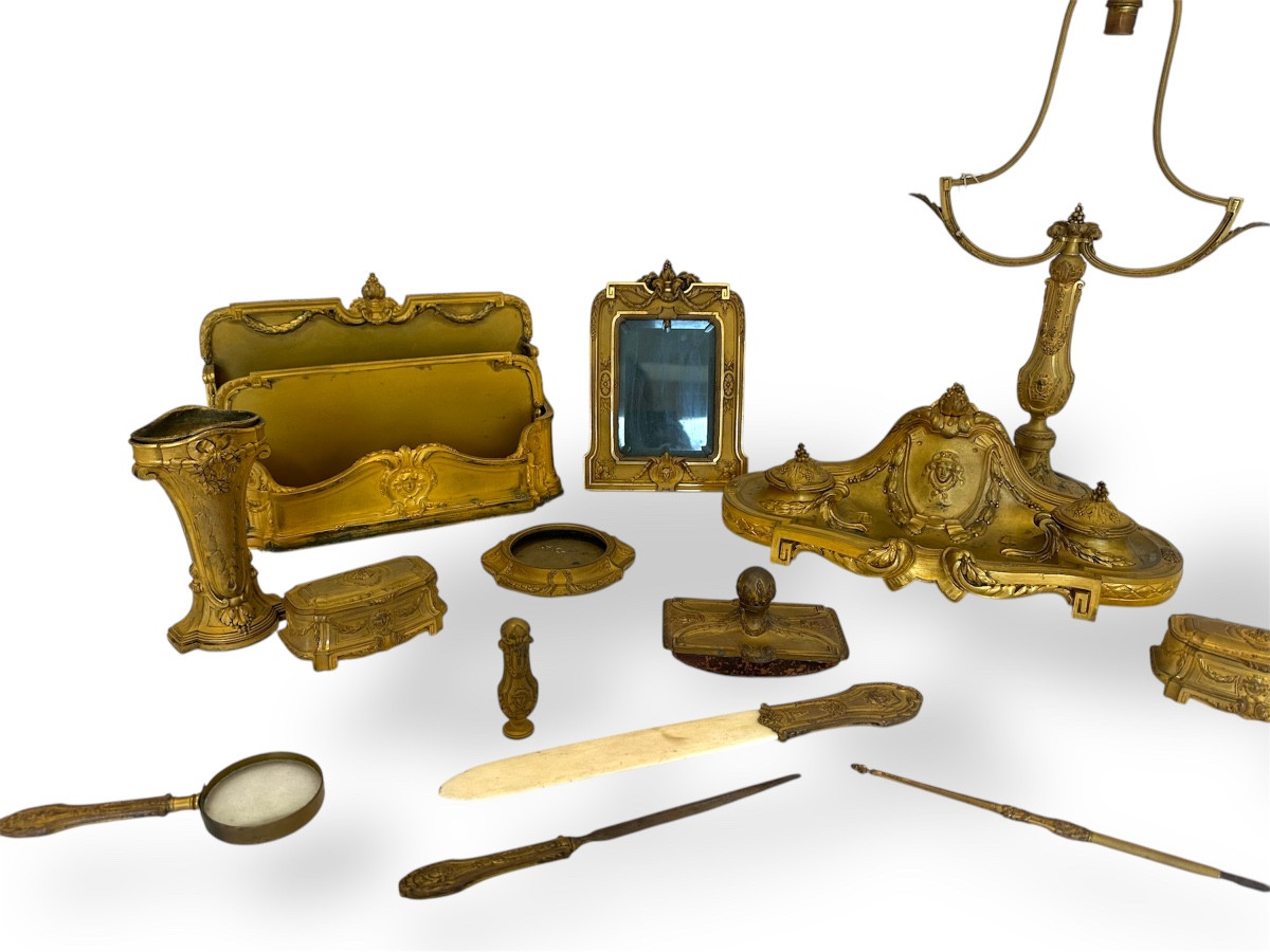 19th Century Gilt Bronze Desk Set (14 Pieces) By Lelièvre & Susse Frères, Publisher, Paris