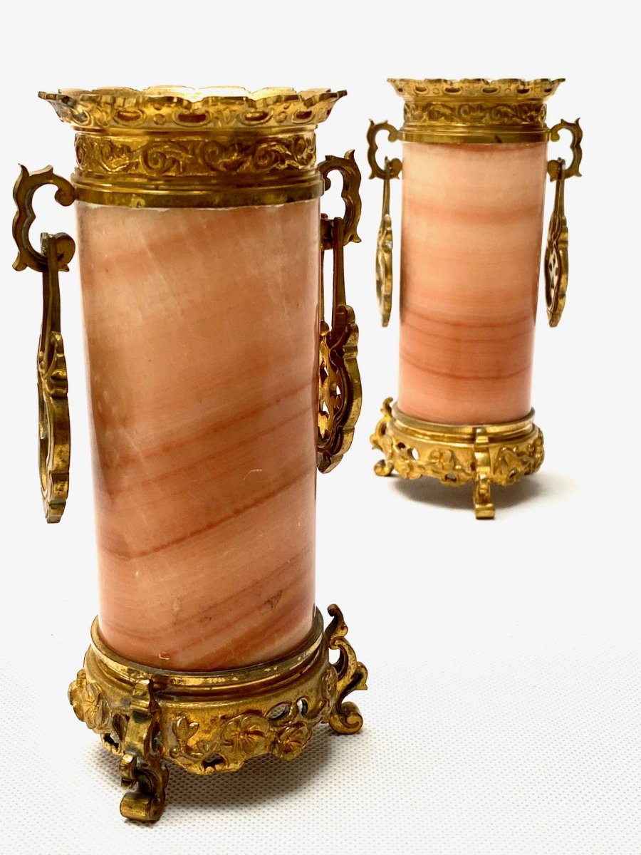 Pair Of French 19th Century Gilt-bronze Mounted Onyx Vases Attributed To G. Viot-photo-2