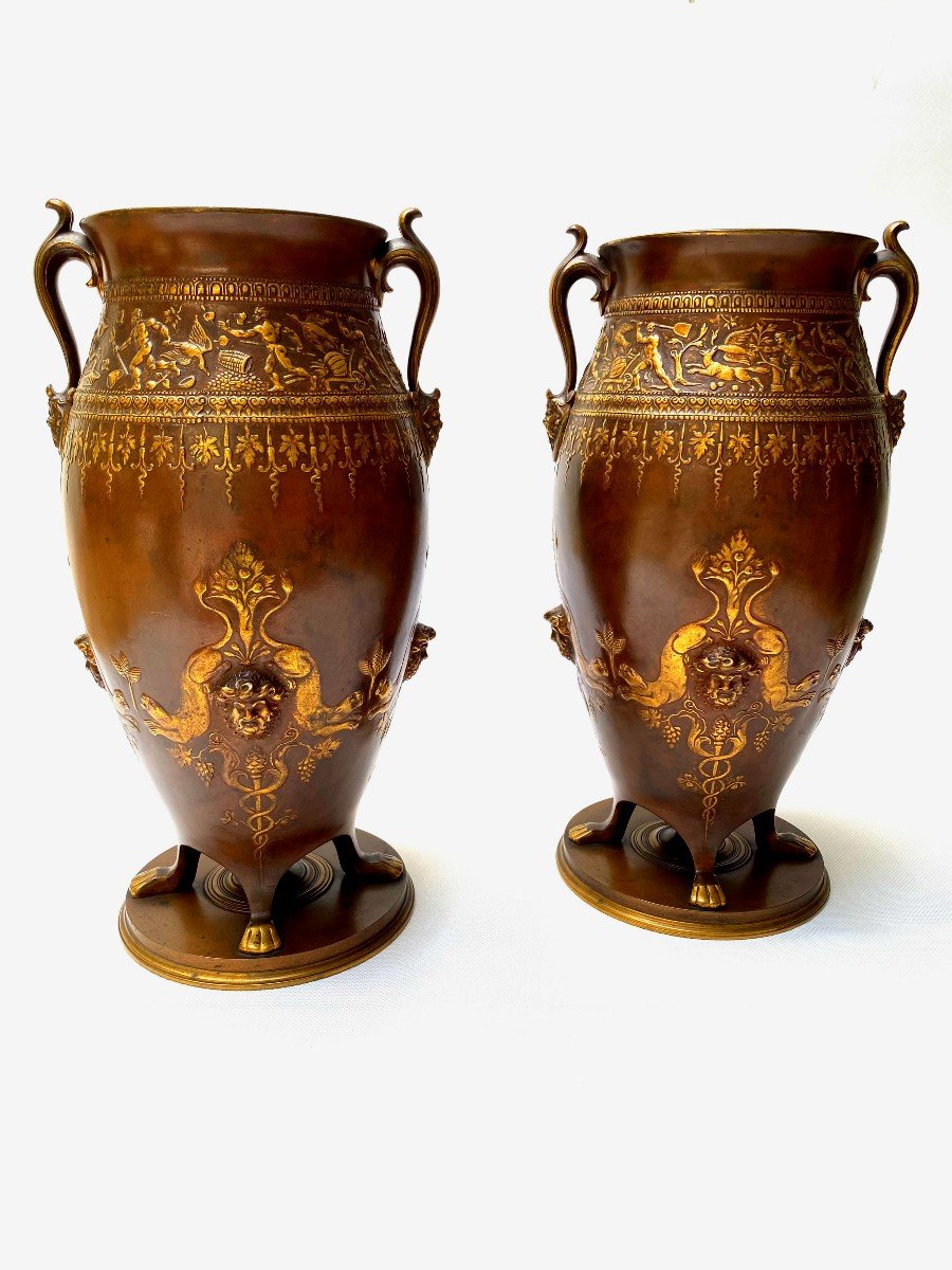 Ferdinand Levillain, Pair Of Patinated And Parcel-gilded Bronze Vases In The Antiquity Style