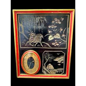 Boin-taburet Et Henry & Fils, Pendule De Bureau Chinoiserie En Laque Rouge Et Noire