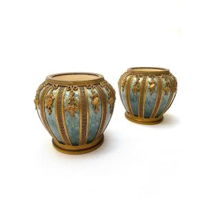 Sèvres, Pair Of 19th Century Gilt Bronze Mounted Earthenware Vases Or Jardinieres