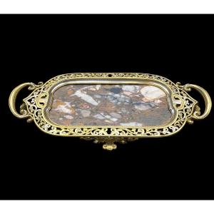 French 19th C. Orientalist Dish In Marble, Gilt And Silver Bronze, Possibly By Cornu