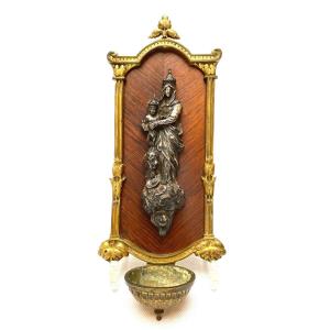 Portable Holy Water Stoup, Silver, Gilt Bronze And Rosewood Representing Our Lady Of Victories