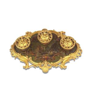 A French 18th Century, Louis XV Inkwell In Gilt Bronze And Vernis Martin