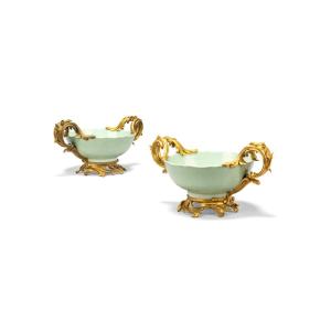 A Pair Of Ormolu-mounted Chinese 18th Century Celadon-glazed Two-handled Bowls