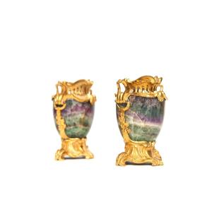 A Pair Of Fluorite Or Blue John And Gilt Bronze Vases, France, 19th Century 