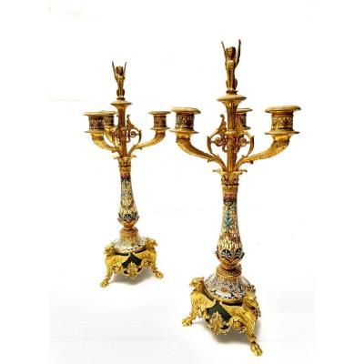Pair Of French 19th C Gilt-bronze And Cloisonné Enamel Candelabras Attributed To Barbedienne