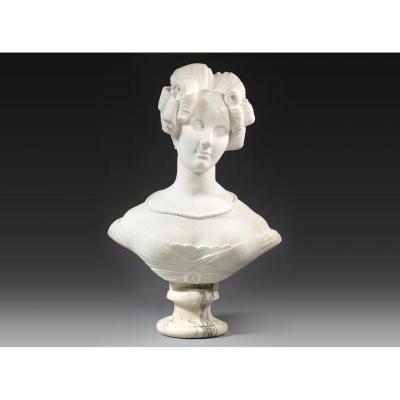 White Carrara Marble Bust Of Queen Amalie Augustus Of Saxony, Germany, Circa. 1820