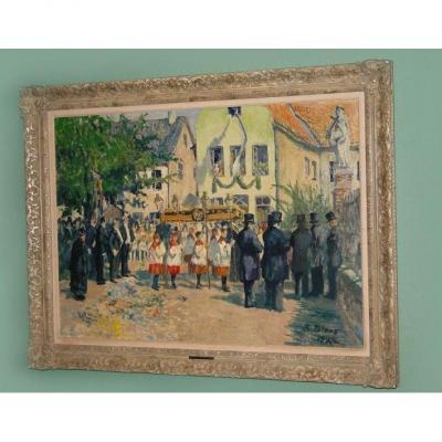 Richard Bloos (1878-1957) Oil On Canvas “corpus Christi Procession On The Lower Rhine” 