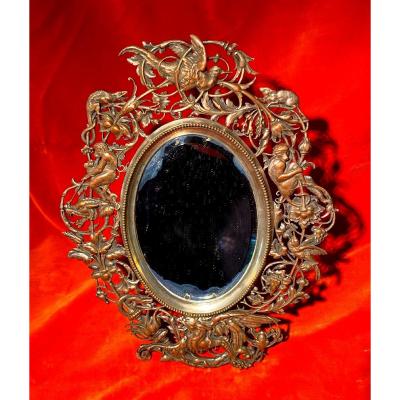 Rare Mirror “with Animals” In Silver Copper By E. Philippe