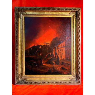 Rare tableau 19eme d'un "Incendie"