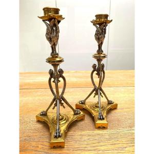 Christofle, Pair Of French 19th Century Neo-pompeian Gilt And Silver Gilt Bronze Candlesticks