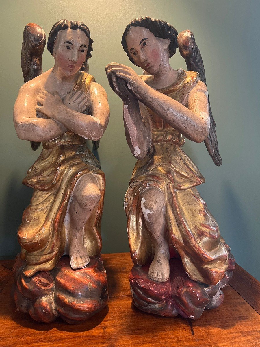 Paire d'Anges Adorateurs En Bois Polychrome Et Doré XVIIIe Siècle-photo-2