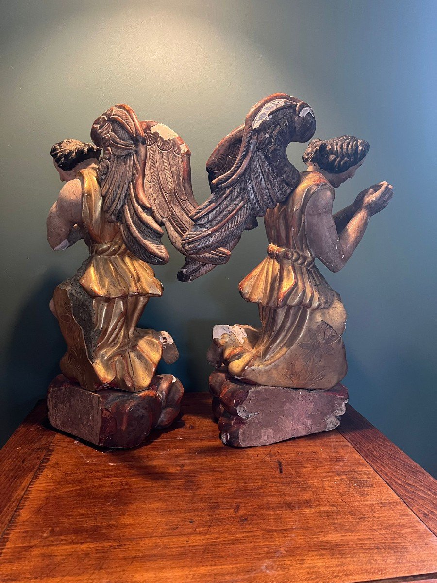 Paire d'Anges Adorateurs En Bois Polychrome Et Doré XVIIIe Siècle-photo-4