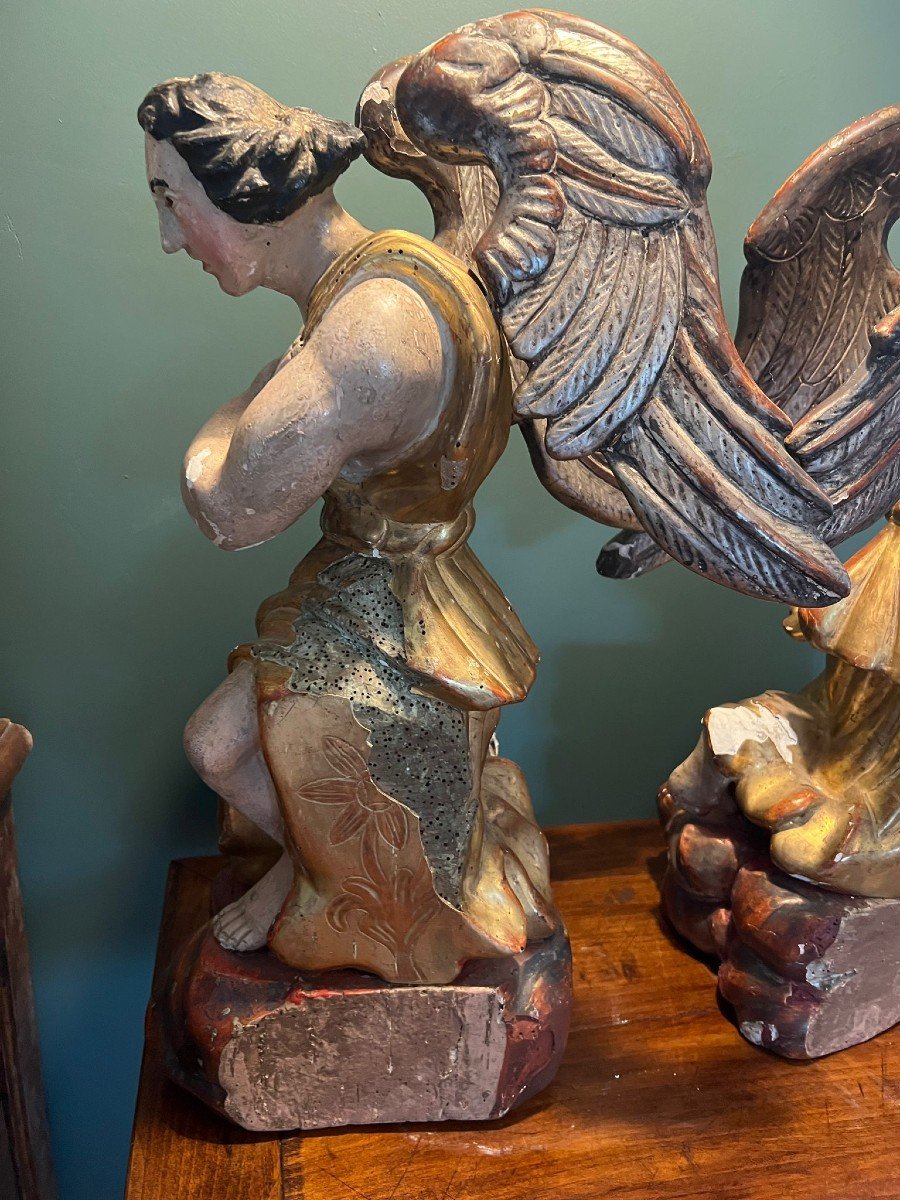 Paire d'Anges Adorateurs En Bois Polychrome Et Doré XVIIIe Siècle-photo-4