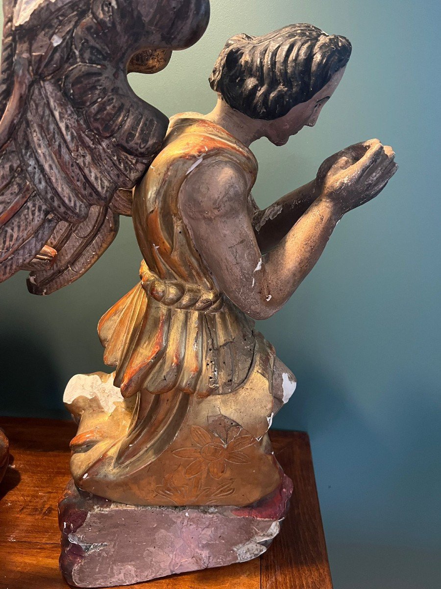 Paire d'Anges Adorateurs En Bois Polychrome Et Doré XVIIIe Siècle-photo-6