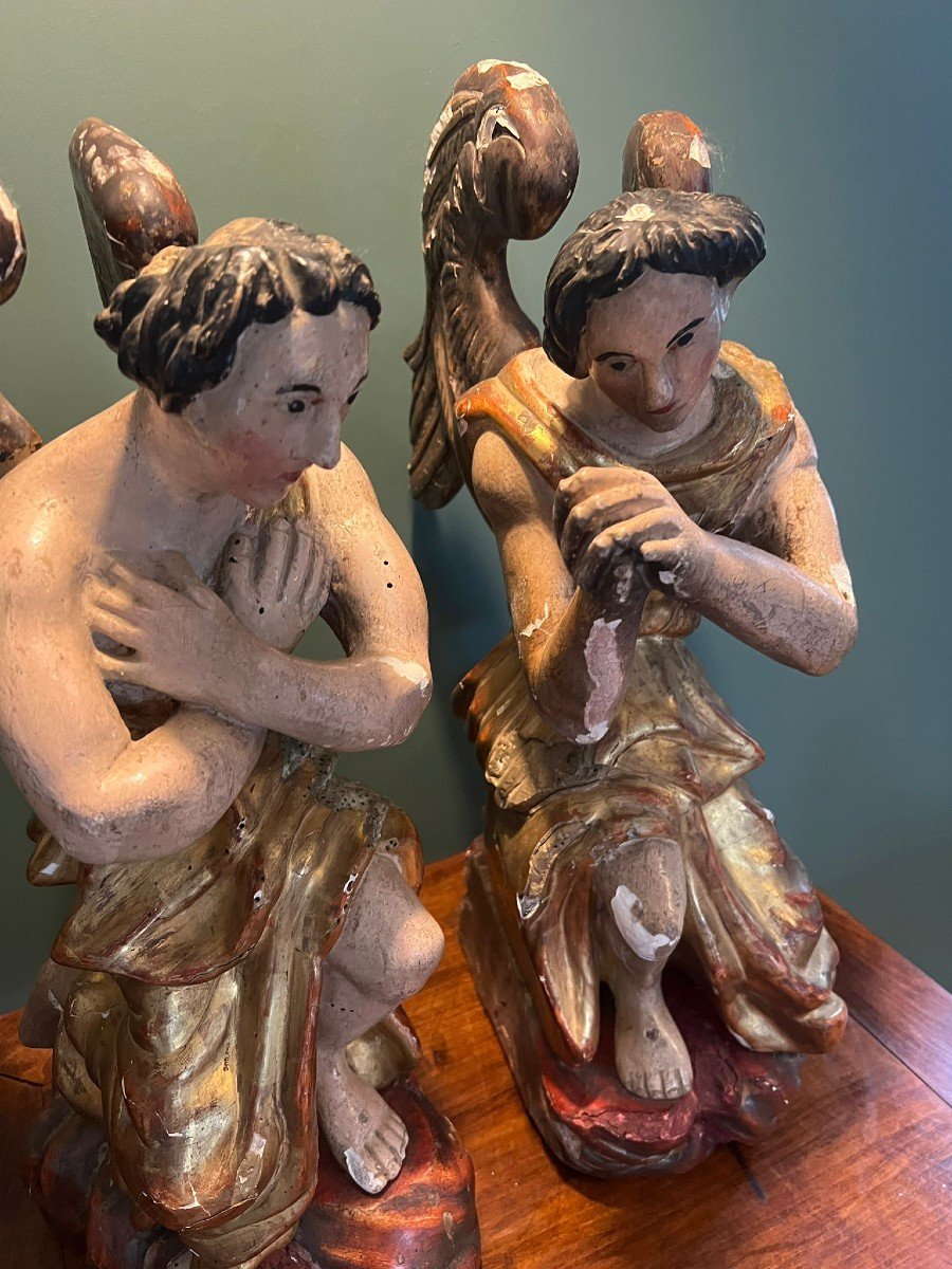 Paire d'Anges Adorateurs En Bois Polychrome Et Doré XVIIIe Siècle-photo-8