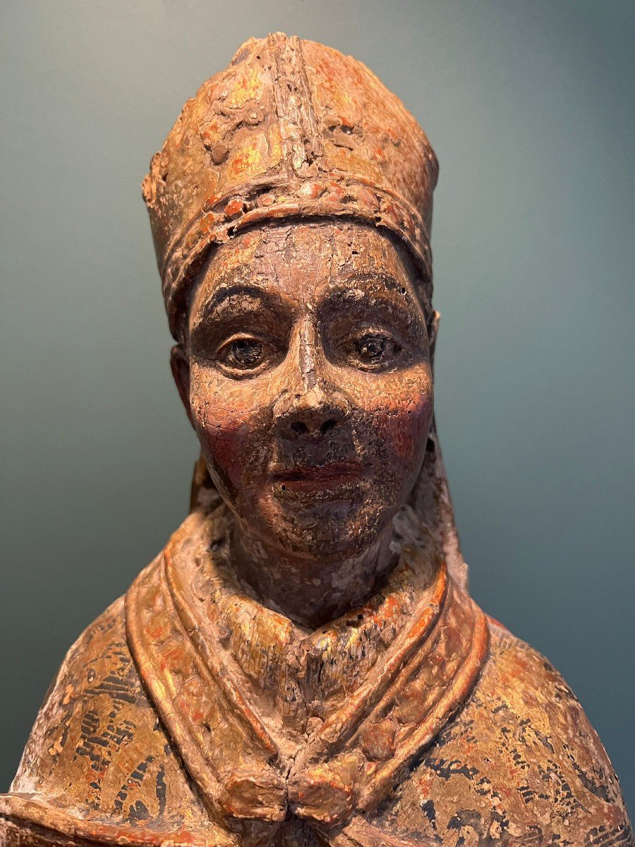 Statue De Saint Evêque En Bois Sculpté Polychrome Et Doré -photo-3