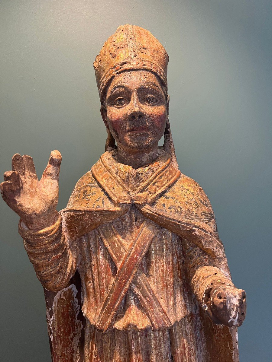 Statue De Saint Evêque En Bois Sculpté Polychrome Et Doré -photo-4